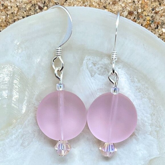 Sea Glass Earrings Pink Handmade Circle - Picture 1 of 3